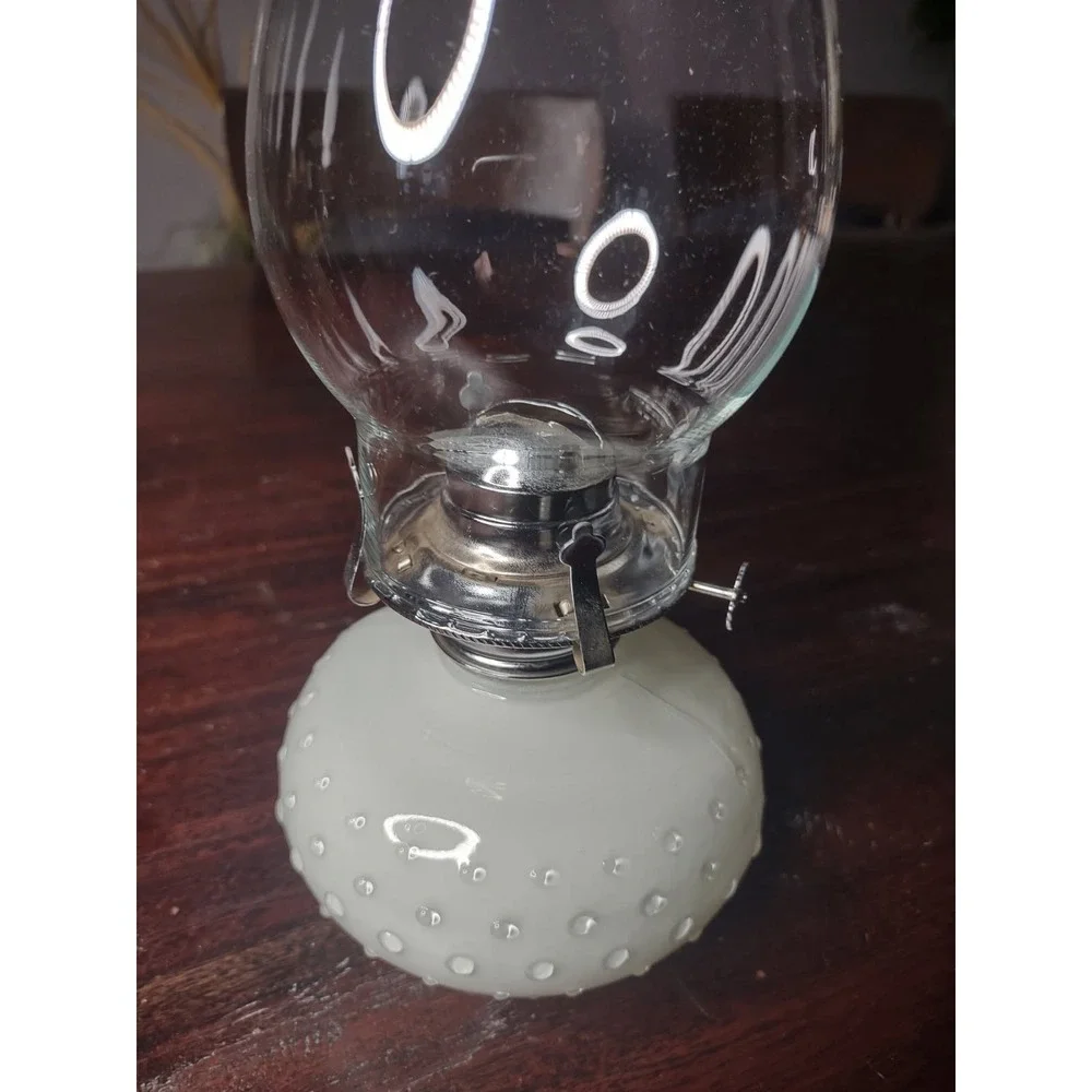 Vintage Hobnail Milk Glass Oil Lamp w/ Clear Chimney 12